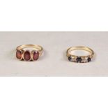 9ct GOLD RING COLLET SET WITH THREE OVAL GARNETS and a RING SET WITH TWO ROUND BRILLIANT CUT