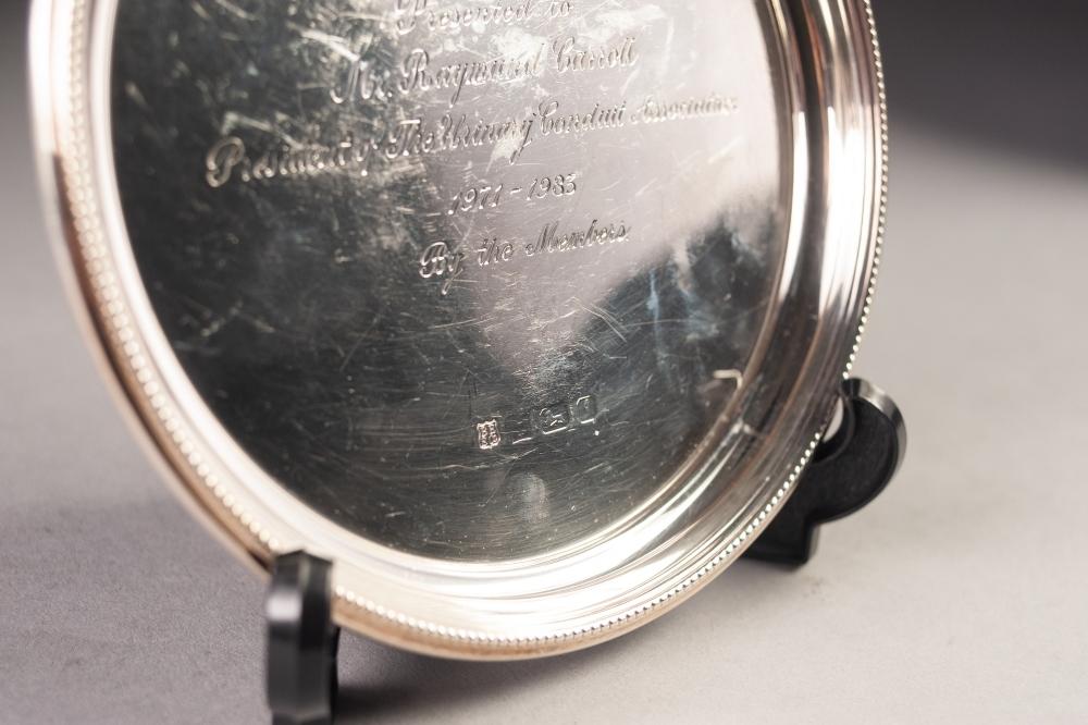 MODERN PRESENTATION SILVER WAITER BY BARKER ELLIS SILVER Co, of circular form with beaded border, - Image 2 of 2