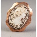 9ct GOLD FRAMED OVAL CARVED SHELL CAMEO BROOCH depicting a female head in Art Nouveau style, 1 3/