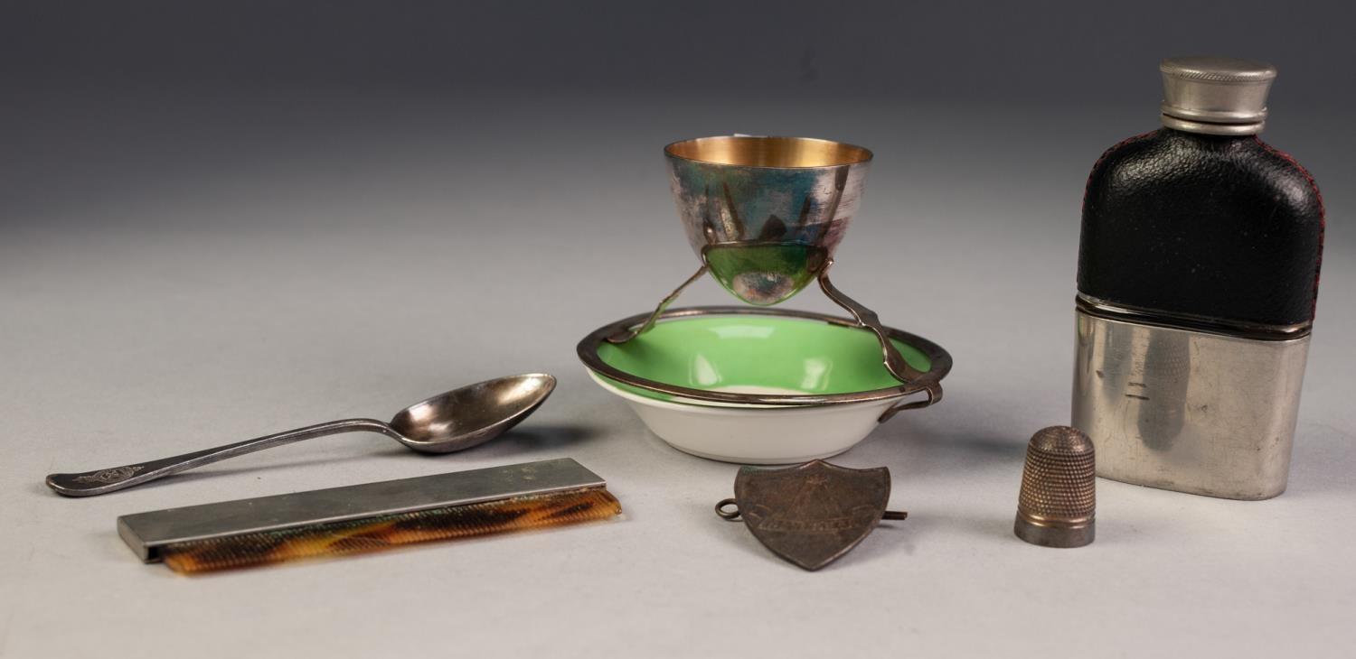 HUKIN & HEATH PATENTED EGG CUP AND SAUCER STAND FOR ROYAL DOULTON, SMALL HIP FLASK, and four small