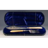 CASED PAIR OF ELECTROPLATED FISH SERVERS WITH IVORY HANDLES, and pierced and floral engraved