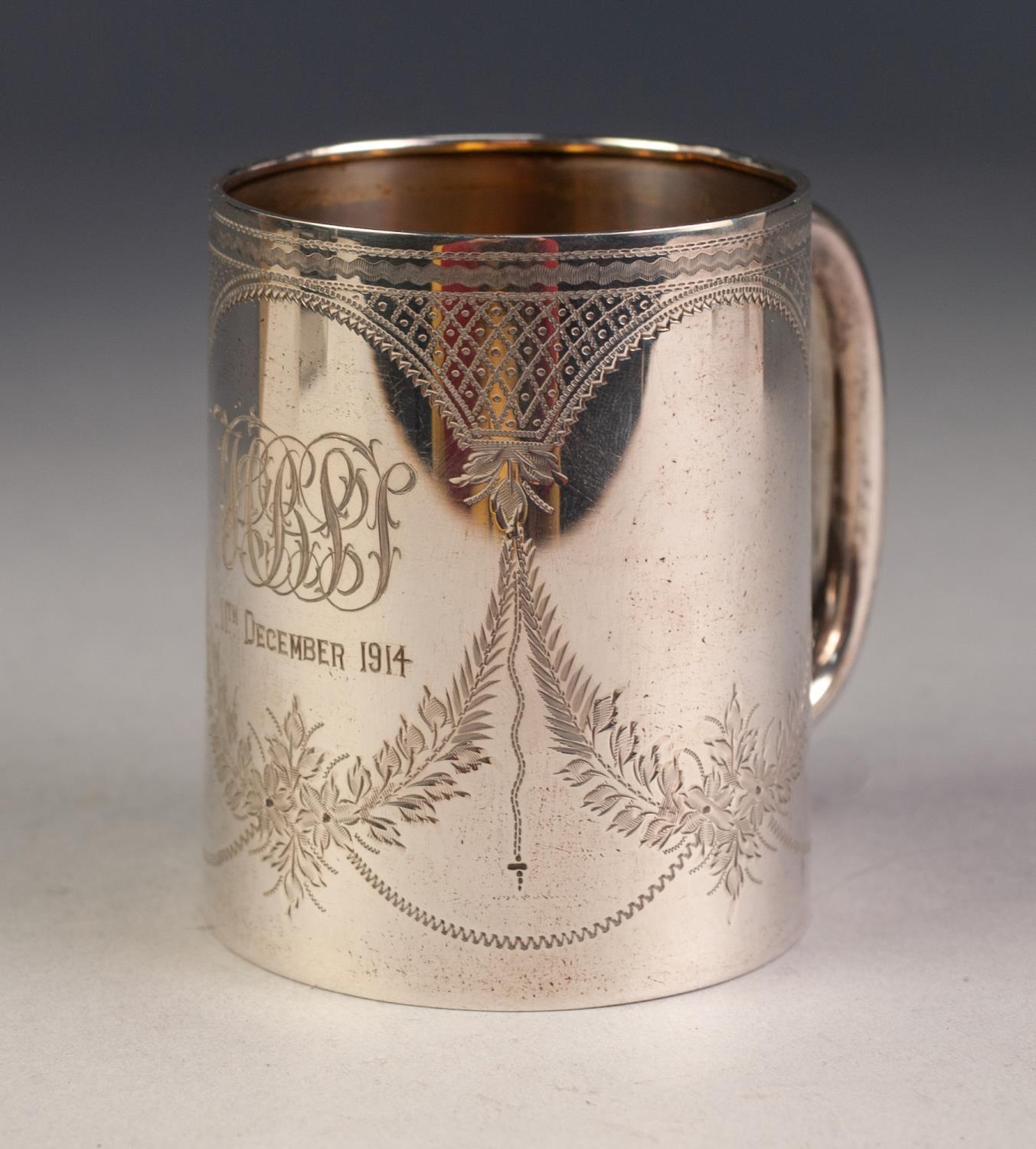 GEORGE V ENGRAVED SILVER CHRISTENING MUG, of tapering form with loop handle, 3 Â¼â€ (8.2cm) high,