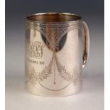 GEORGE V ENGRAVED SILVER CHRISTENING MUG, of tapering form with loop handle, 3 Â¼â€ (8.2cm) high,