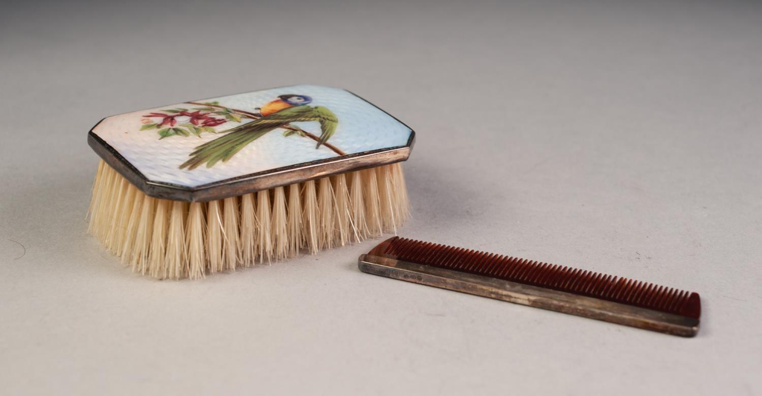 EDWARD VII CHILDâ€™S SILVER AND GUILLOCHE ENAMELLED HAIR BRUSH AND COMB SET IN CASE, the back of the