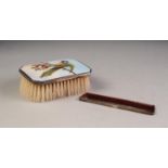 EDWARD VII CHILDâ€™S SILVER AND GUILLOCHE ENAMELLED HAIR BRUSH AND COMB SET IN CASE, the back of the