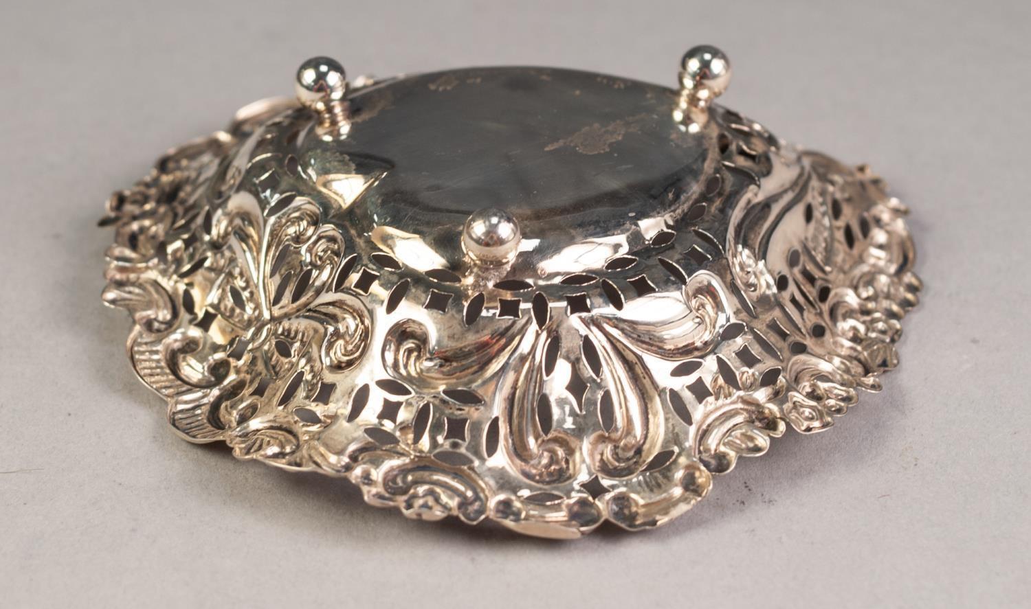 LATE VICTORIAN PIERCED SILVER HEART SHAPED BON BON DISH, on ball feet, 4â€ x 4 Â¼â€, Chester 1900, - Image 3 of 3