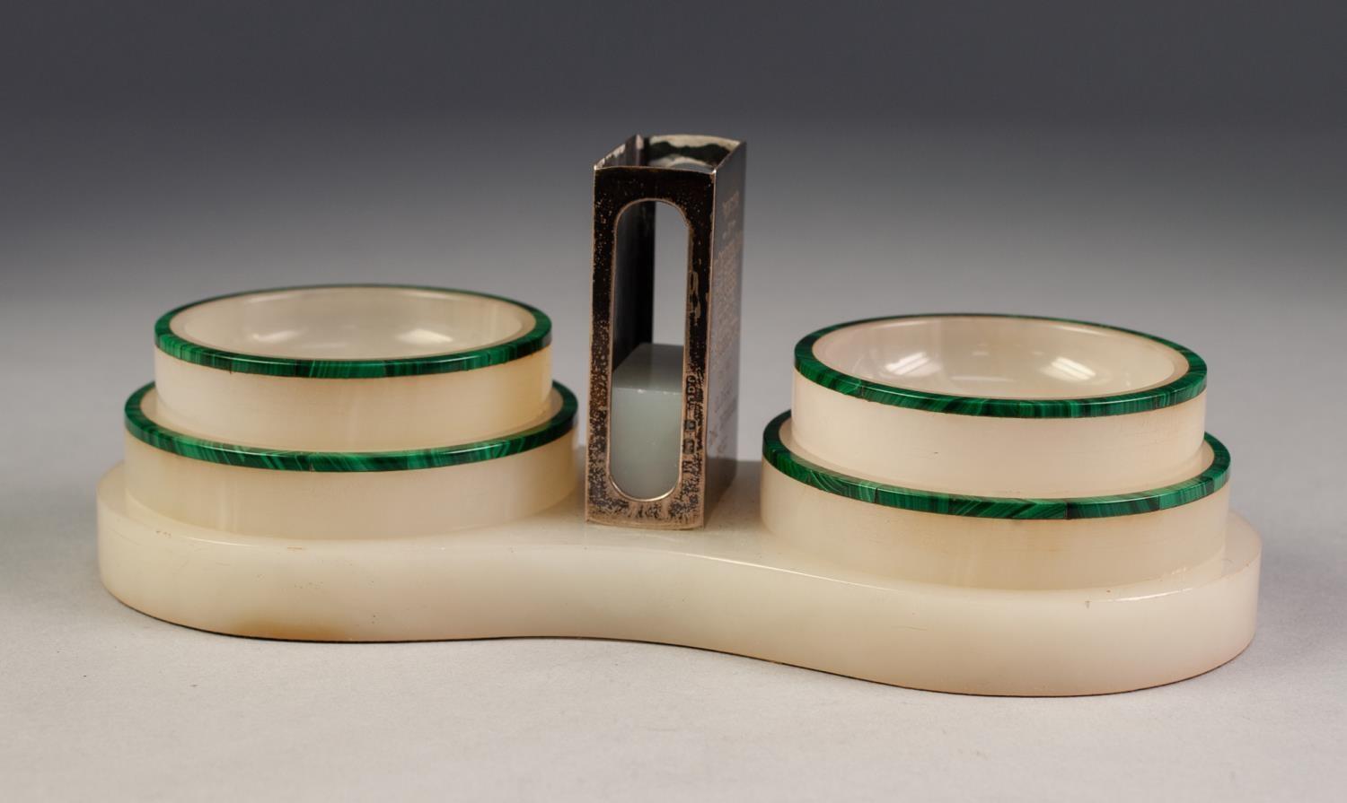 EDWARD VIII ROYAL COMMEMORATIVE WHITE ONYX AND MALACHITE SMOKERS STAND WITH SILVER MATCHBOX