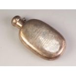 EDWARD VII PRESENTATION SILVER HIP FLASK, of oval form with bayonet hinged cover, 5 Â½â€ x 3â€ (