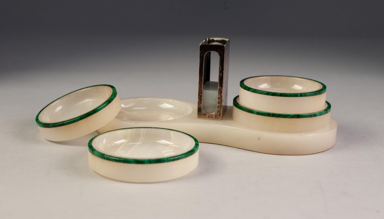 EDWARD VIII ROYAL COMMEMORATIVE WHITE ONYX AND MALACHITE SMOKERS STAND WITH SILVER MATCHBOX - Image 2 of 3