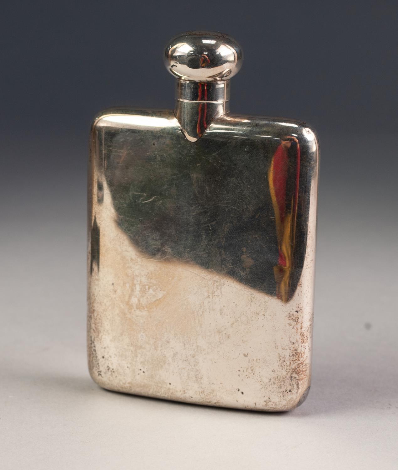 GEORGE V PLAIN SILVER HIP FLASK BY A & J ZIMMERMAN, of curved form with screw-off cover, 5â€ (12.