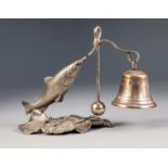 ELECTROPLATED LEAPING FISH PATTERN NOVELTY TABLE BELL AND BEATER, the stand naturalistically