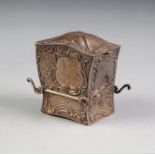 LATE VICTORIAN EMBOSSED SILVER SEDAN CHAIR PATTERN MINIATURE PLAYING CARD HOLDER, with hinged cover,