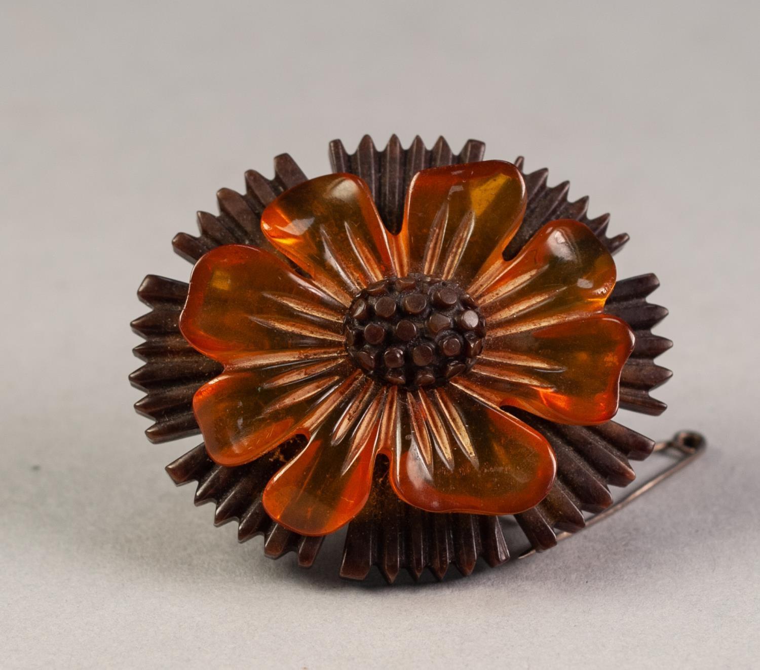 19th CENTURY CONTINENTAL OVAL CARVED JET AND AMBER FLOWERHEAD BROOCH, with safety chain, 2" (5cm)