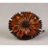 19th CENTURY CONTINENTAL OVAL CARVED JET AND AMBER FLOWERHEAD BROOCH, with safety chain, 2" (5cm)