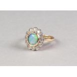 18ct GOLD, OPAL AND DIMAOND CLUSTER RING, collet set with a centre oval opal and surround of