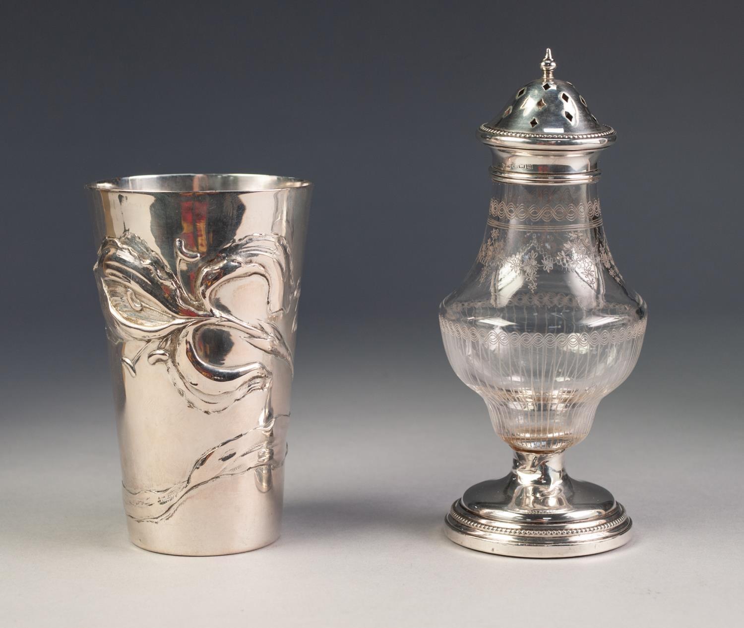 LATE 19th CENTURY BELGIAN 800 STANDARD SILVER TAPERED CYLINDRICAL BEAKER, cast in bas relief with