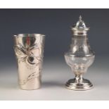 LATE 19th CENTURY BELGIAN 800 STANDARD SILVER TAPERED CYLINDRICAL BEAKER, cast in bas relief with
