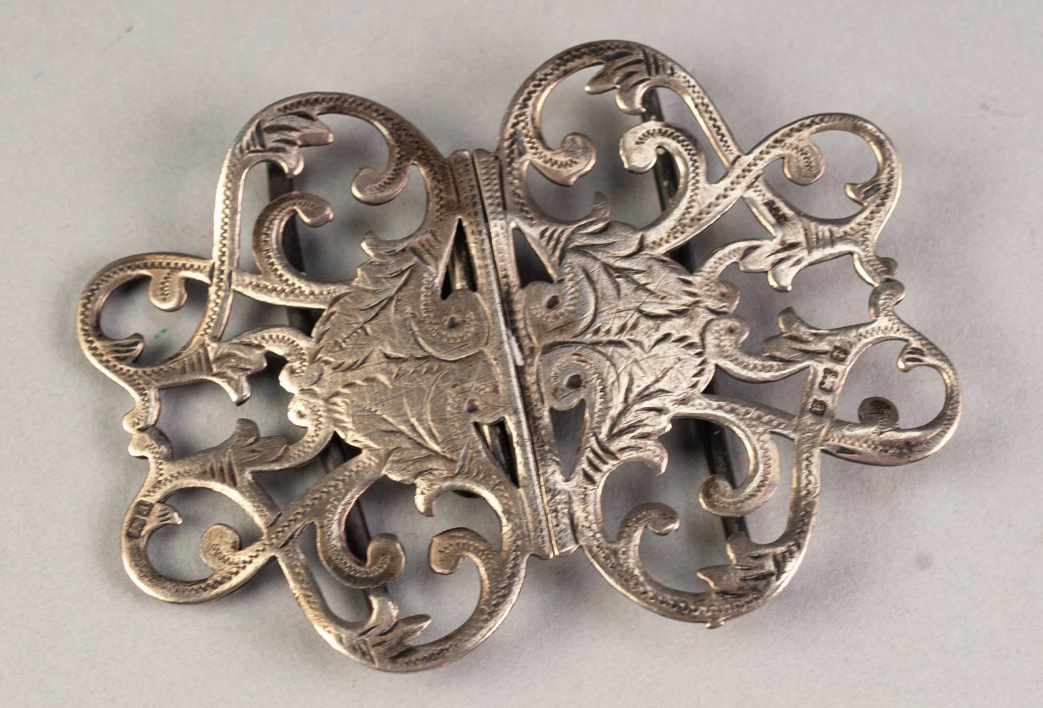 LATE VICTORIAN SILVER, LARGE, TWO-PART BUCKLE, pierced and engraved foliate scroll pattern, 3 1/