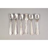 SET OF SIX INDIAN ENGRAVED SILVER COLOURED METAL SPOONS, unmarked, 5 Â¼â€ (13.3cm) long, 4oz, (6)