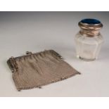 EDWARDIAN FACET CUT GLASS SMELLING SALTS JAR WITH BLUE BUTTERFLY WING INSET PULL-OFF SILVER COVER,