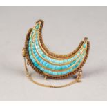 VICTORIAN GOLD COLOURED METAL CRESCENT BROOCH set with three rows of tiny turquoises and having a