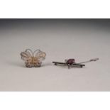 SILVER BAR AND BEETLE BROOCH with amethyst set body and head, Chester 1921 and a SILVER FILIGREE