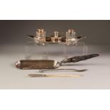 LATE VICTORIAN/EDWARDIAN ELECTRO-PLATE ON COPPER ELLIPTICAL BOAT SHAPE INKSTAND with two removable