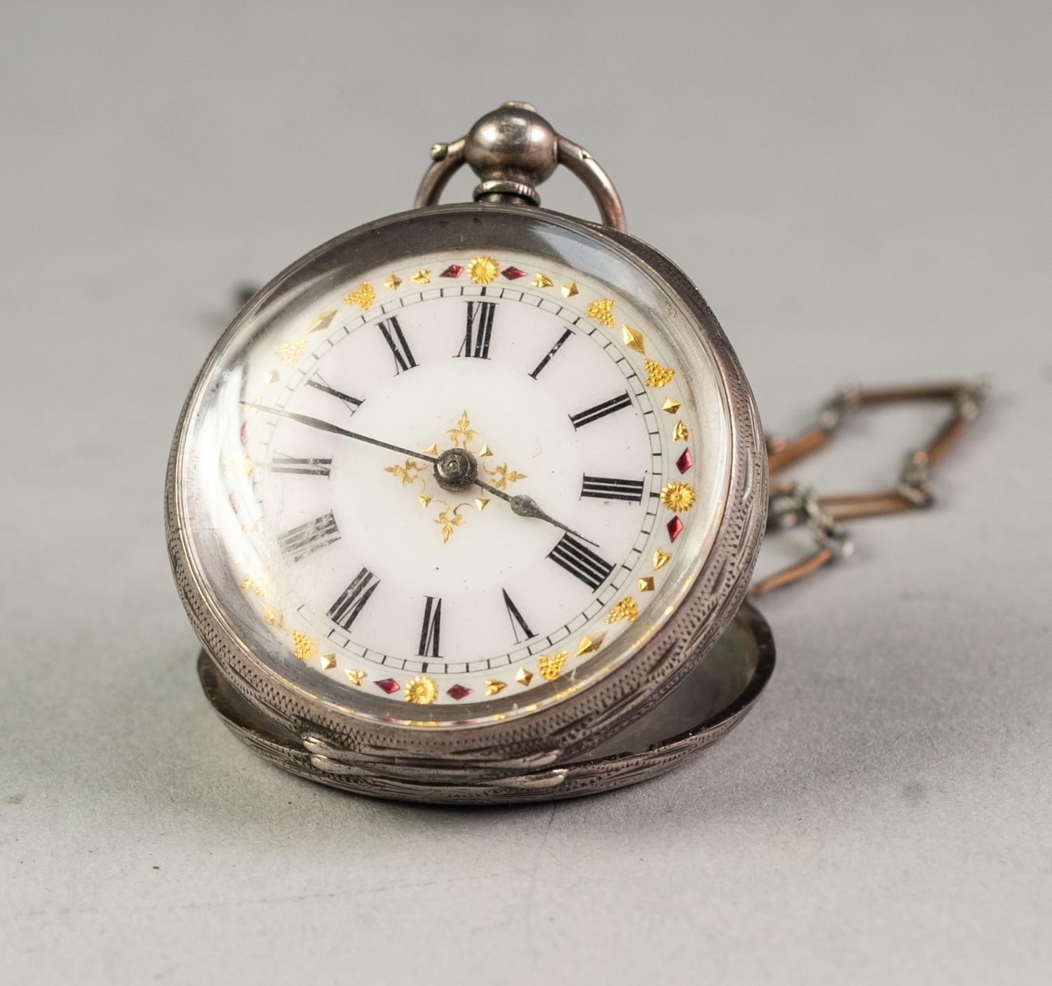 LADY'S CONTINENTAL ENGRAVED SILVER POCKET WATCH with key wind movement, Roman porcelain dial, the - Image 2 of 2