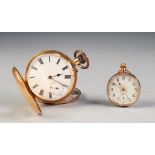 18K GOLD DEMI-HUNTER POCKET WATCH with keyless movement white Roman dial with su