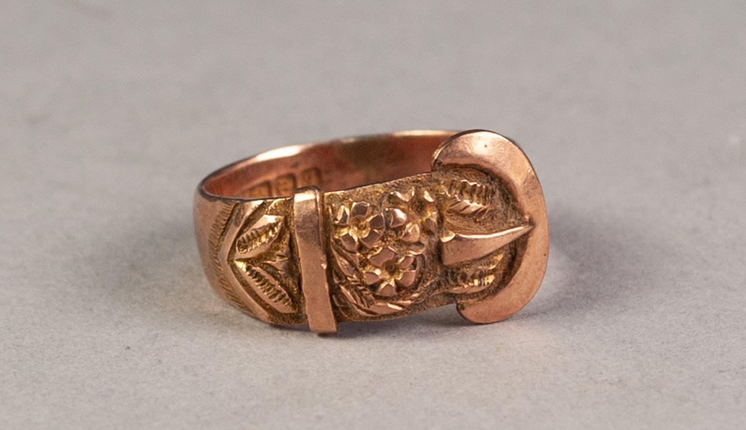 VICTORIAN 9ct GOLD BUCKLE RING with floral chased top, Birmingham 1890, 6.3gms