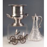 CUT GLASS CLARET JUG WITH ELECTROPLATED MOUNT, TWO HANDLED CAMPANA SHAPED WINE COOLER, and a FOUR