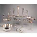 SELECTION OF PLATED WARE to include a pair of Old Sheffield plate candlesticks with soft solder