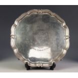 SILVER WAITER WITH RAISED MOULDED EDGE, the centre engraved with presentation inscription 'Royal