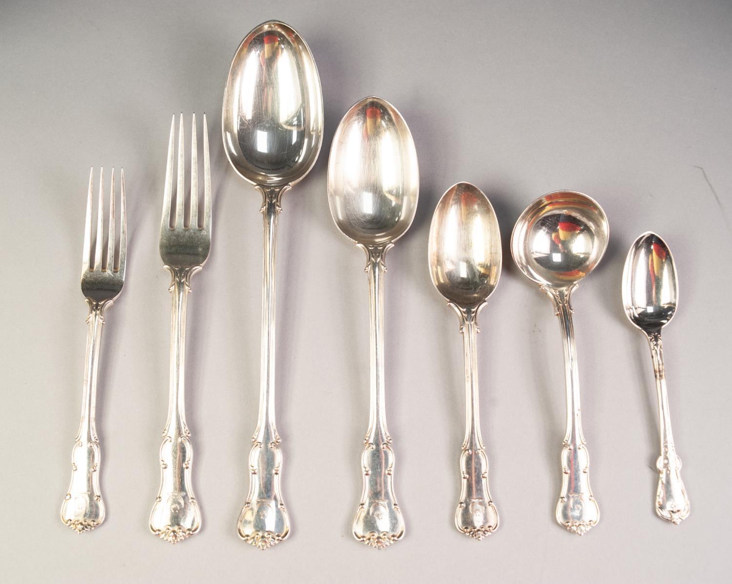 LATE VICTORIAN 52 PIECE SILVER QUEENS PATTERN TABLE SERVICE each engraved with a crest, comprising