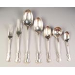 LATE VICTORIAN 52 PIECE SILVER QUEENS PATTERN TABLE SERVICE each engraved with a crest, comprising