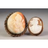 VICTORIAN WELL-CARVED OVAL SHELL CAMEO BROOCH depicting a classical female head, 2" (5cm) high and a