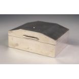 ART DECO SILVER CLAD TABLE CIGARETTE BOX, with engine turned chamfered top and hardwood lined