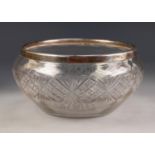 GEORGE V CUT GLASS FRUIT BOWL WITH SILVER RIM, 4 Â½â€ (11.4cm) high, 9â€ (22.8cm) diameter,