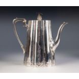VICTORIAN SILVER COFFEE POT, of tall tapered and lobed oval form, flat flush hinged lid with