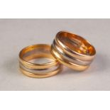 PAIR OF 'CHARD' TRIPLE STRAND, BROAD, TWO-COLOUR GOLD WEDDING RINGS, each with an 18ct gold centre
