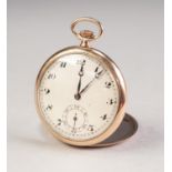 9ct GOLD OPEN FACED POCKET WATCH, with keyless movement, Arabic silvered dial with subsidiary