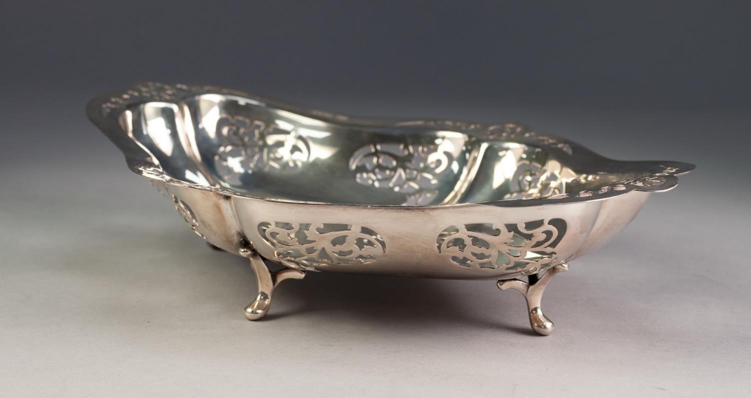 GEORGE V PIERCED SILVER DISH BY EDWARD VINER, of lozenge form with scroll supports, pierced with