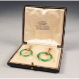 MATCHED PAIR OF GREEN JADE HOOP EARRINGS with gold metal mounts, in case inscribed Wm Lund & Son, 92