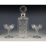 CUT GLASS SQUARE DECANTER WITH STOPPER AND HALLMARKED SILVER COLLAR, Birmingham 1965, together