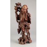 CHINESE LATE QING DYNASTY CARVED WOODEN FIGURE OF AN IMMORTAL carrying a branch of peaches over