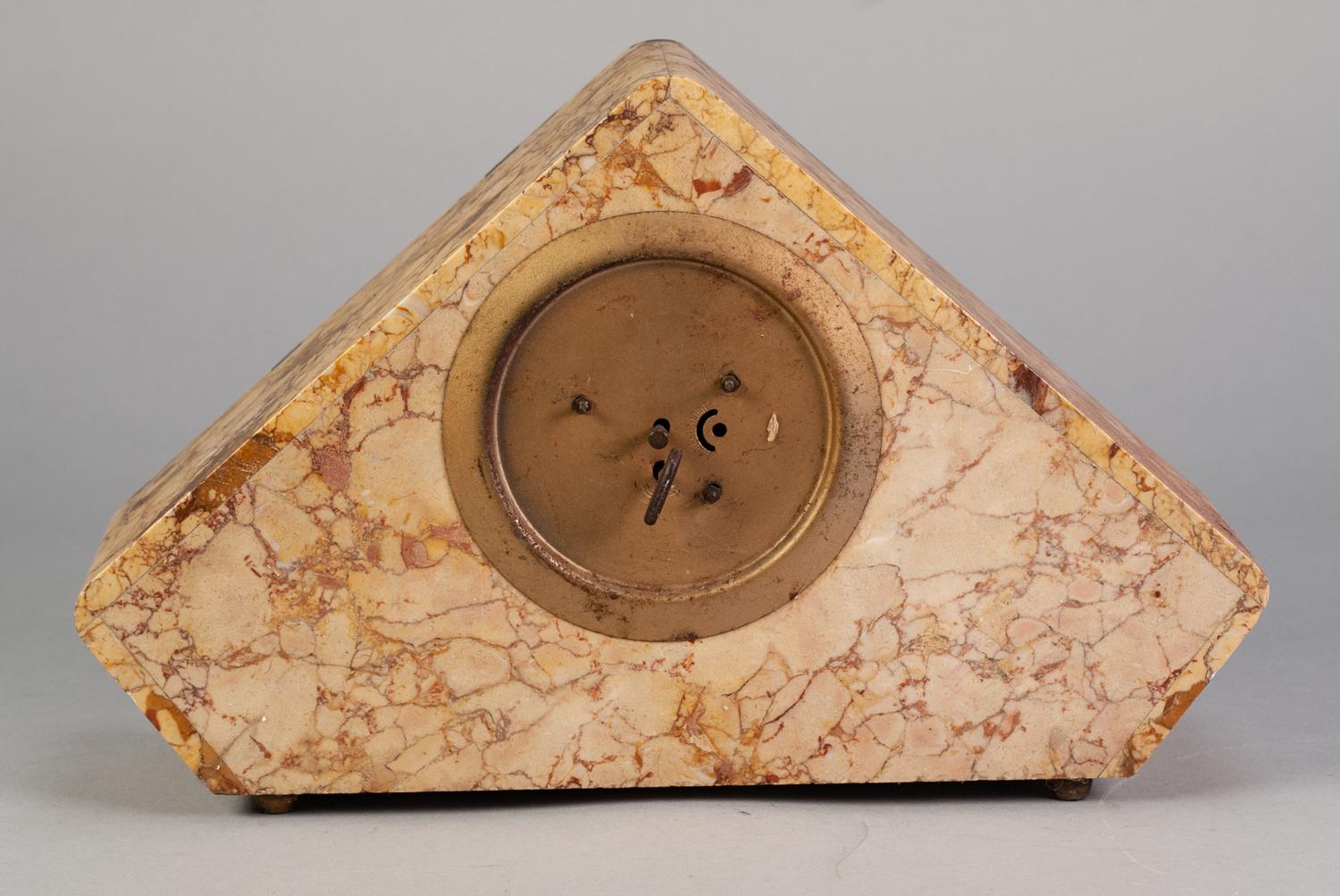 ART DECO VEINED CREAM AND BLACK MARBLE TRIANGULAR SHAPED MANTEL CLOCK, with Roman chapter ring, 14 - Image 3 of 3