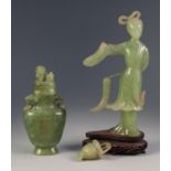 ORIENTAL CARVED JADE COLOURED GREEN HARDSTONE FEMALE FIGURE, modelled standing, 8 ¾? (22.2cm)