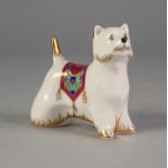 MODERN ROYAL CROWN DERBY ?WEST HIGHLAND TERRIER? CHINA PAPERWEIGHT WITH GILT STOPPER, 4? (10.1cm)