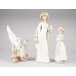 LLADRO PORCELAIN FEMALE FIGURE, 14in (35.5cm) high, also TWO NAO PIECES (3)