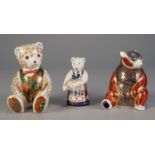 TWO MODERN ROYAL CROWN DERBY BEAR PATTERN CHINA PAPERWEIGHTS, both modelled seated, one as a TEDDY